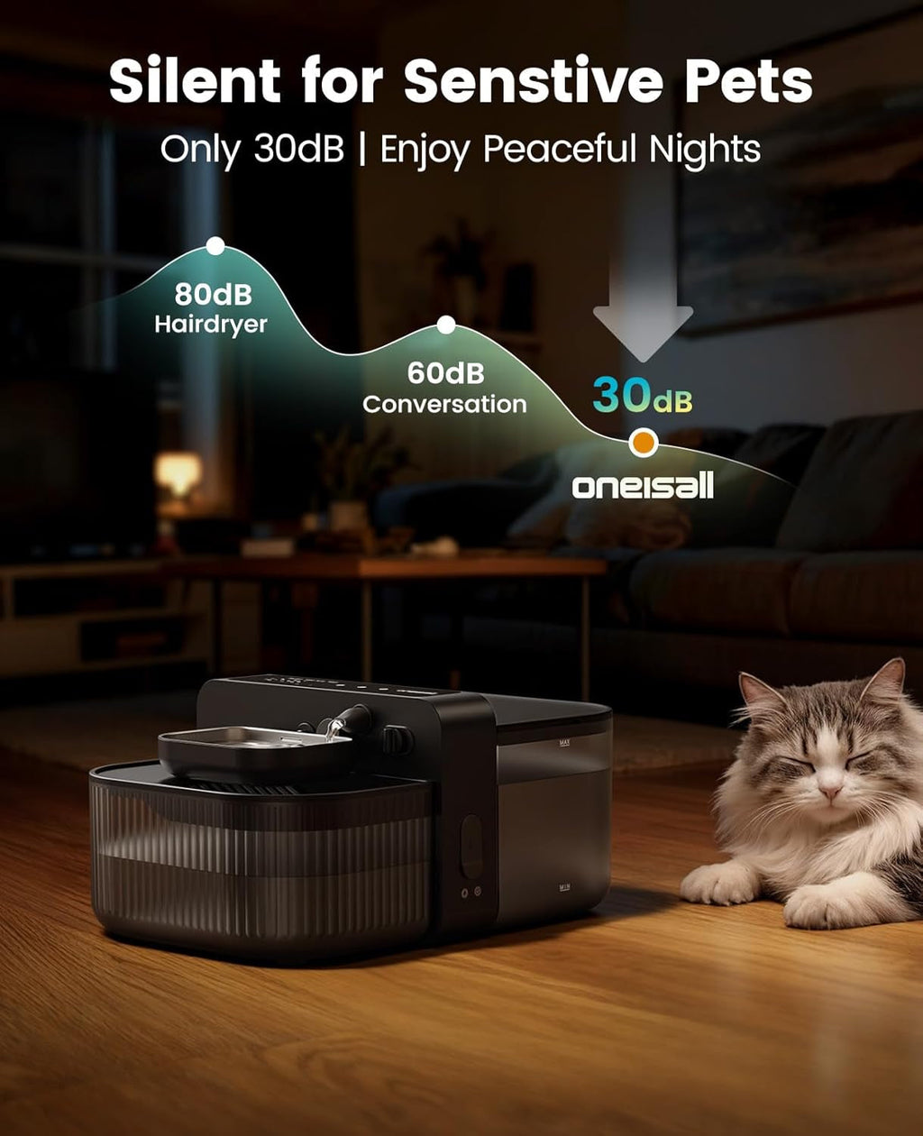 Cat Water Fountain Wireless Filterless 3.5L Stainless Steel Smart Quiet
