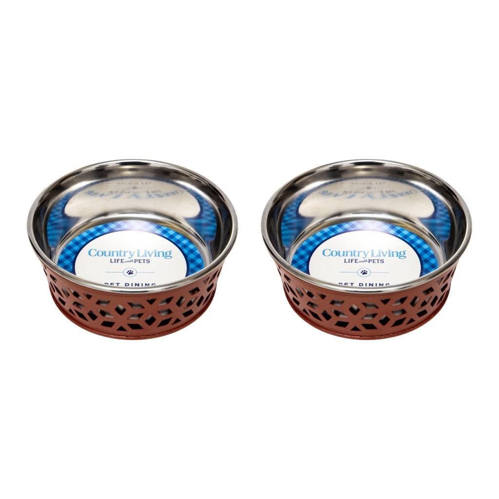 Country Living Set of 2 Stainless Steel Dog Bowls – Farmhouse Style, Ideal for Small to Medium Dogs