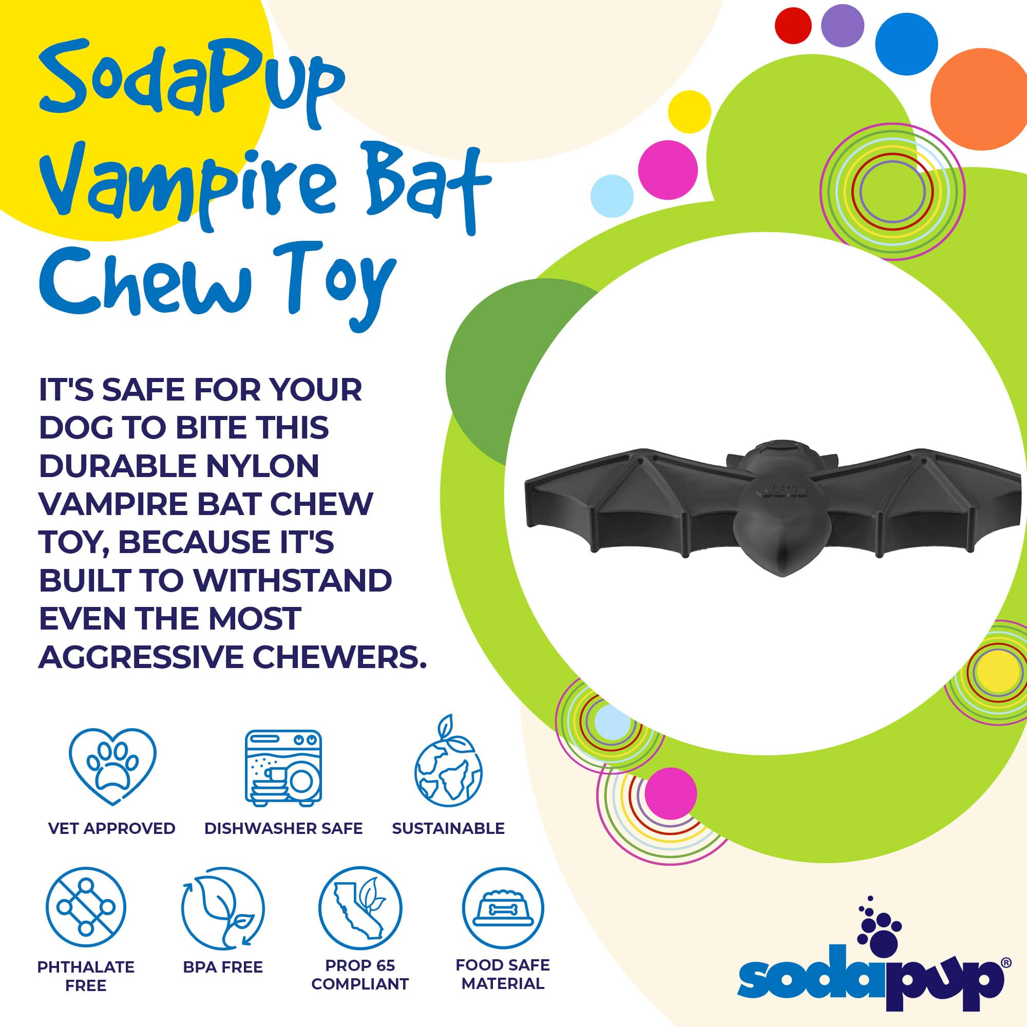 SodaPup® Vampire Bat Nylon Dog Chew Toy for Aggressive Chewers | USA Made & FDA Compliant