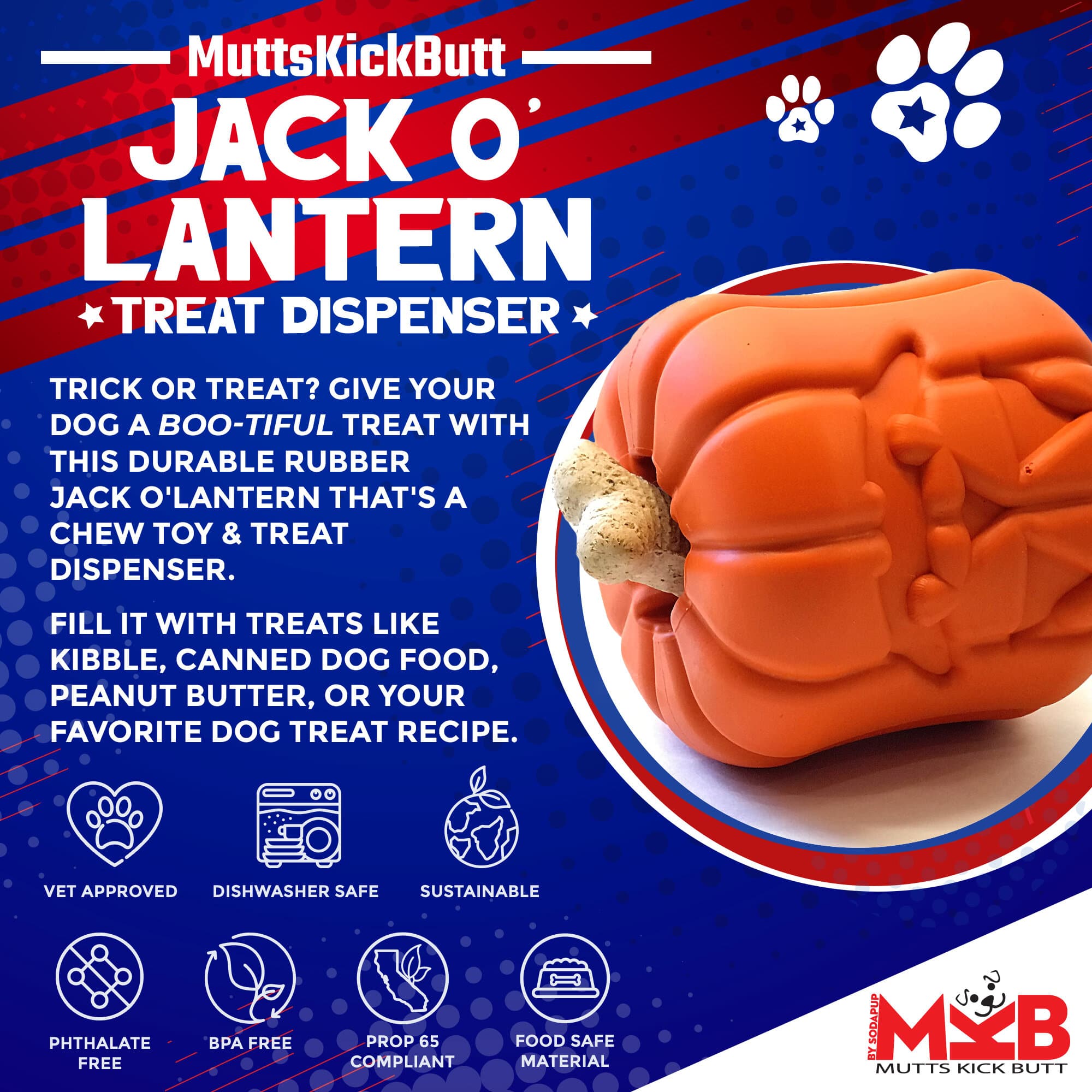 SodaPup® Jack O' Lantern Dog Toy - Durable Halloween Chew Toy for Large Dogs | USA Made