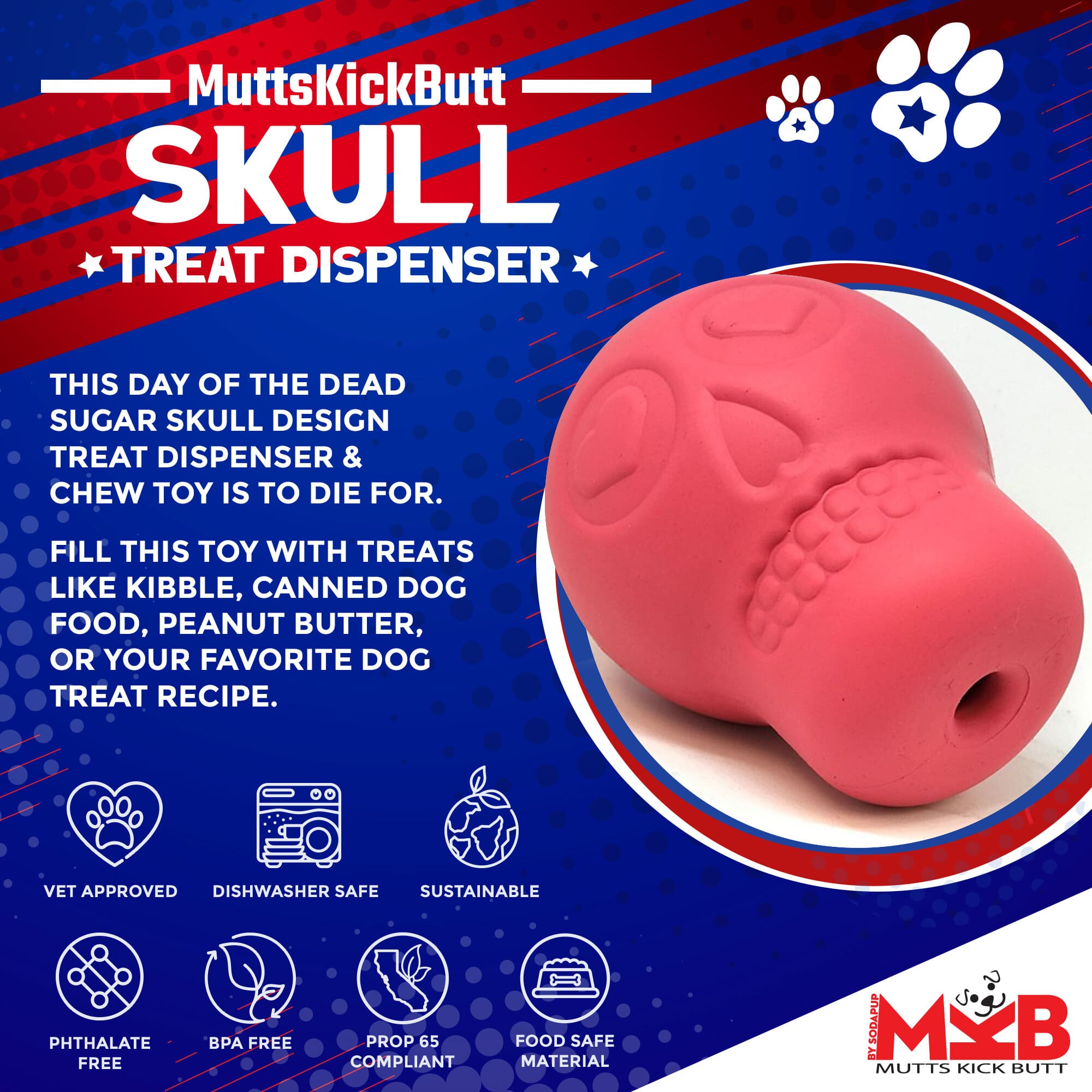 SodaPup® Sugar Skull Dog Chew Toy & Treat Dispenser - USA Made