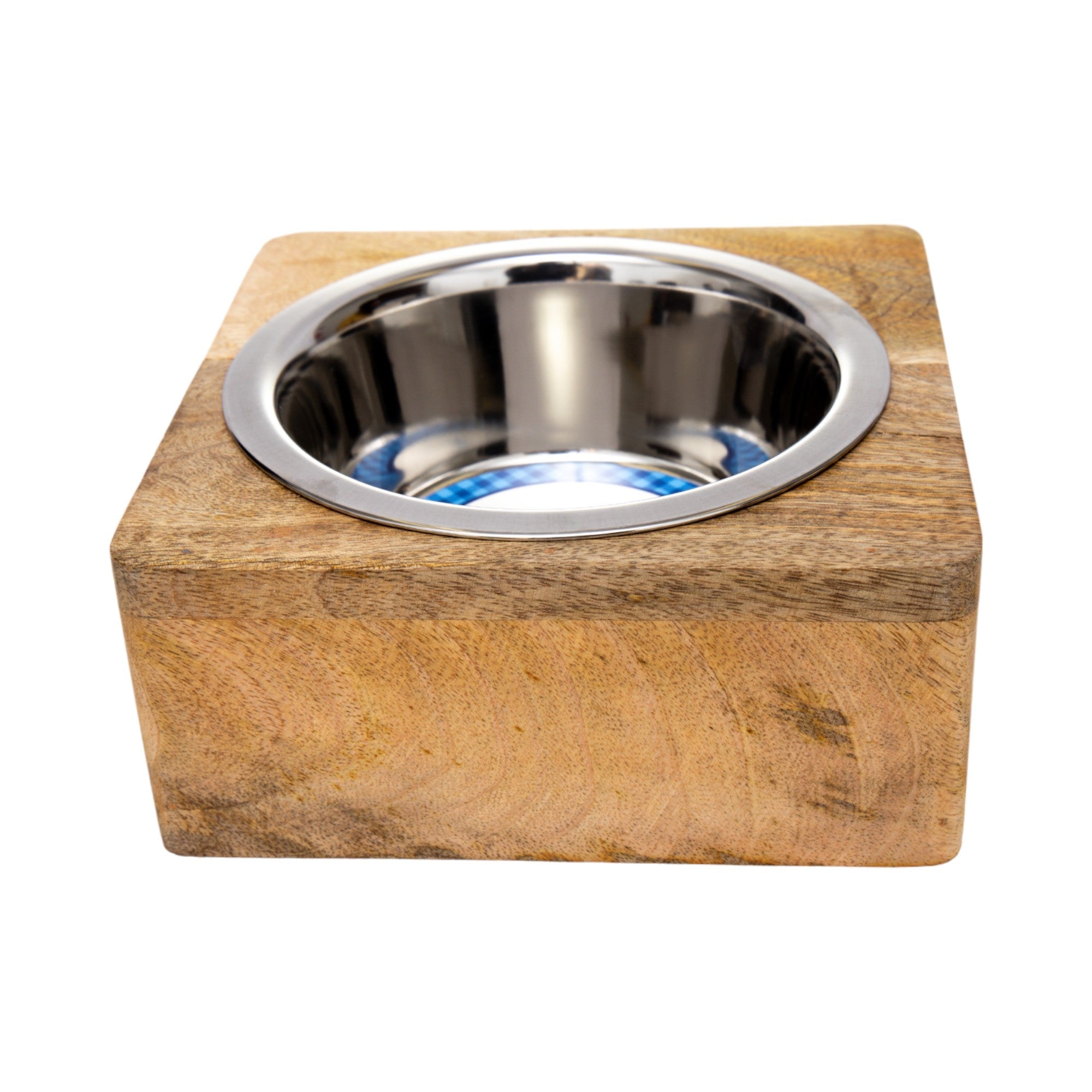 Country Living Elegant Stainless Steel Dog Bowl with Square Mango Wood Holder – 1 Quart