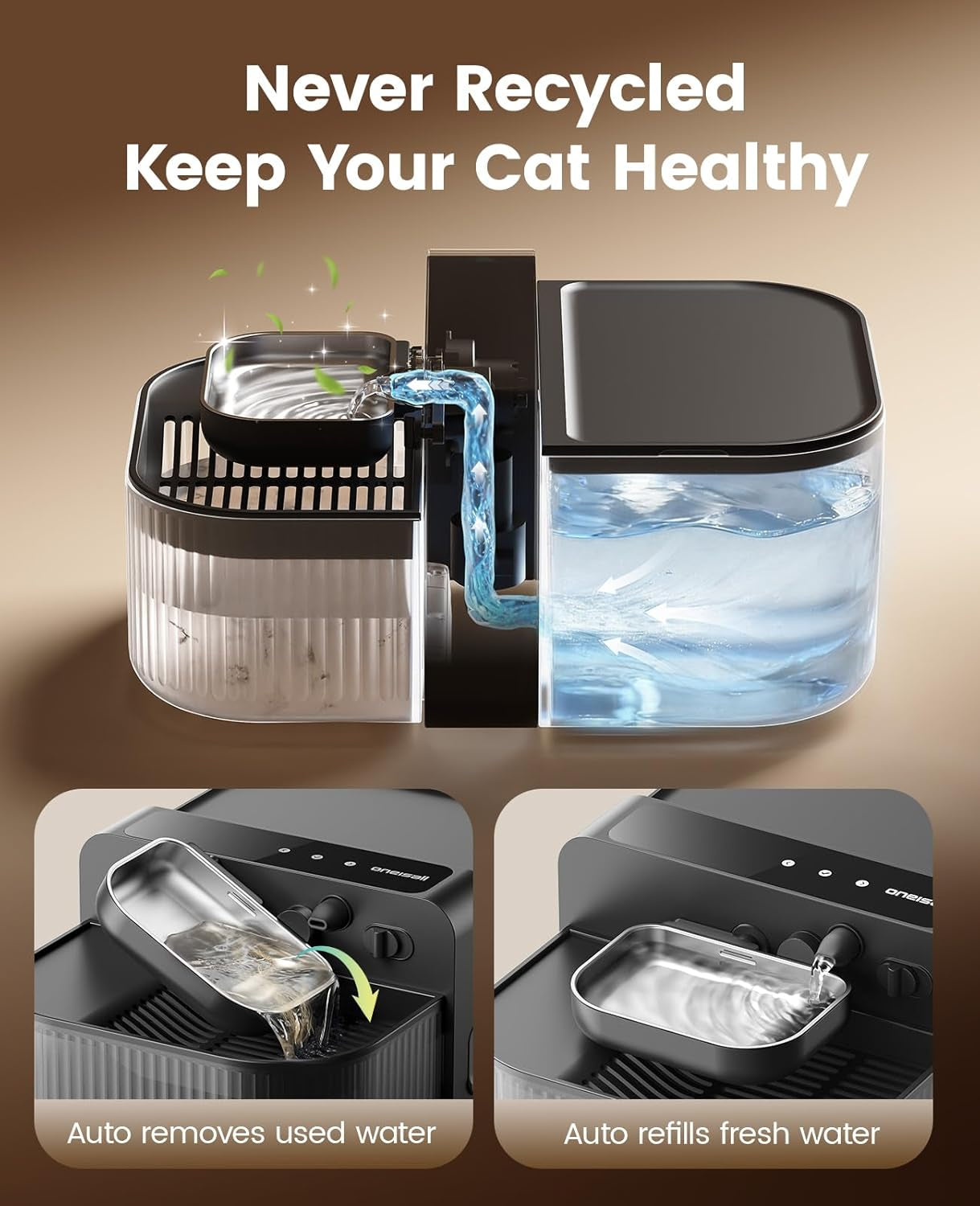 Cat Water Fountain Wireless Filterless 3.5L Stainless Steel Smart Quiet
