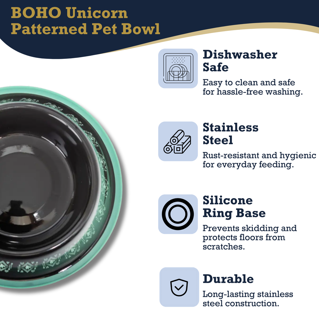 Non-Skid Boho Stainless Steel Dog Bowl – with Whimsical Unicorn Design