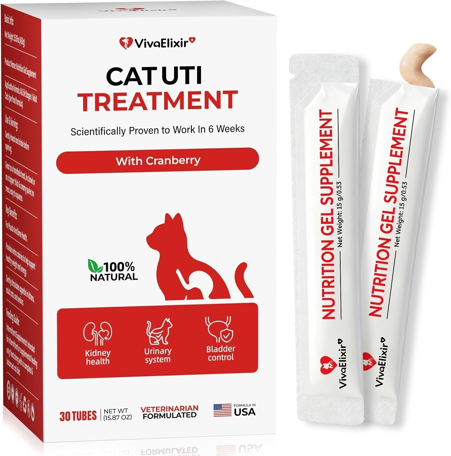 Cat UTI Kidney Support Supplement Cranberry Urinary Health Low Phosphorus 30Pk