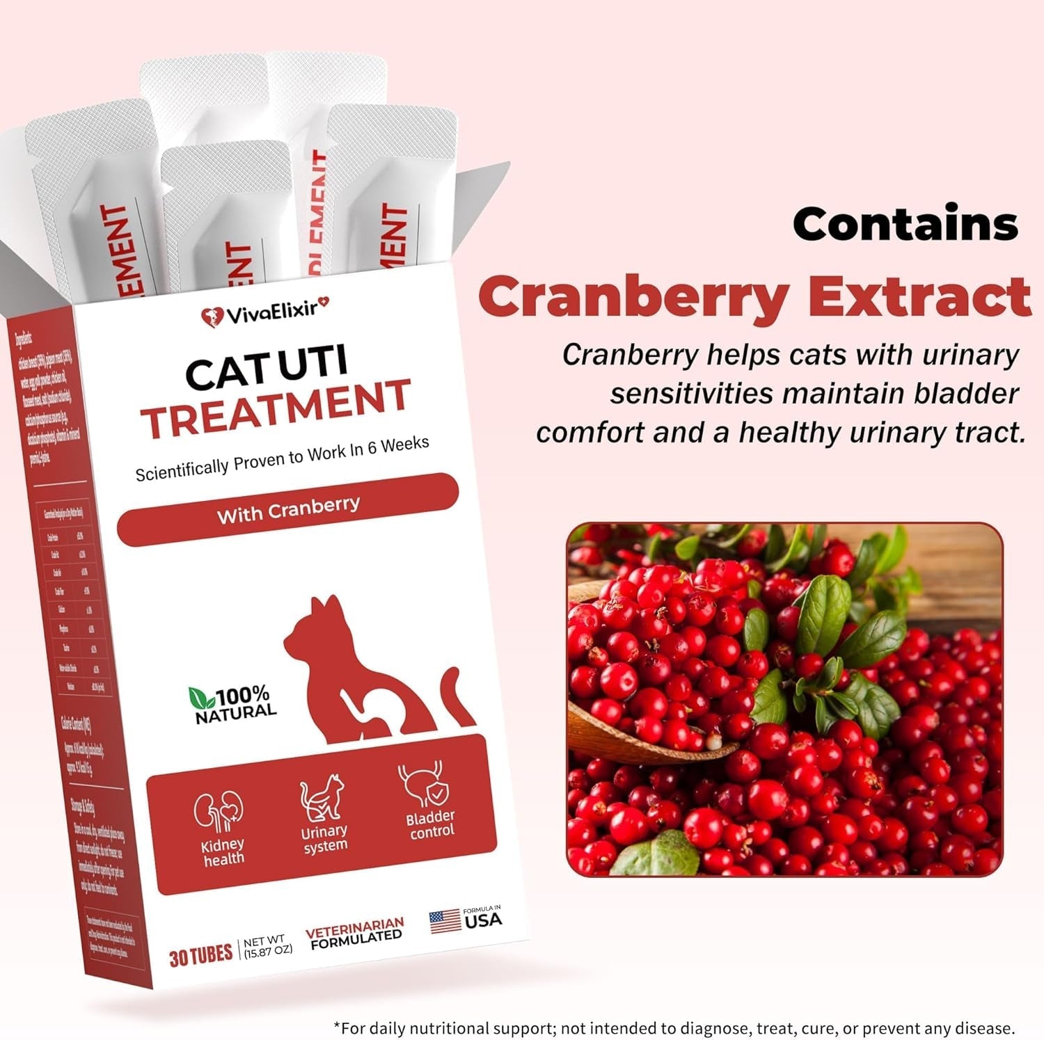 Cat UTI Kidney Support Supplement Cranberry Urinary Health Low Phosphorus 30Pk