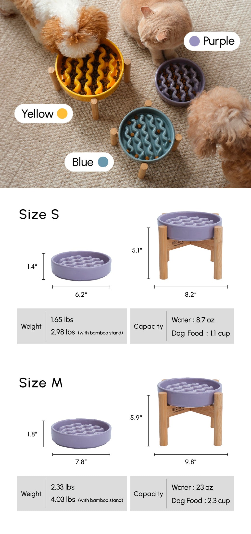 Pehom | Slow Feeder Dog Bowls - Yellow / Frozen Blue / Purple