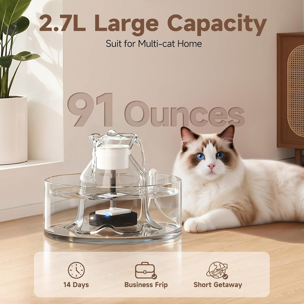 Glass Pet Water Fountain – 2.7L, Ultra Quiet, BPA-Free, Auto Pump
