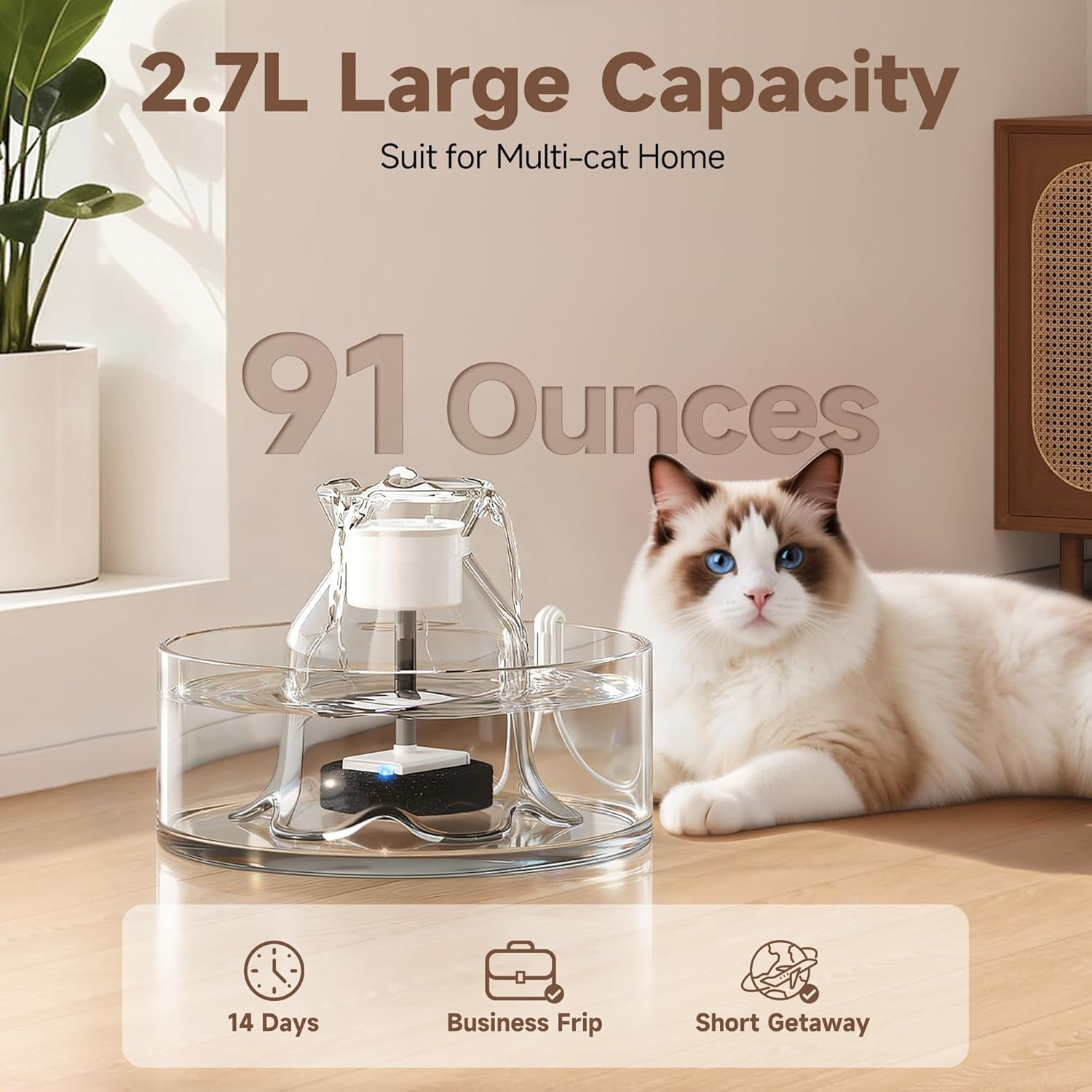 Glass Pet Water Fountain – 2.7L, Ultra Quiet, BPA-Free, Auto Pump