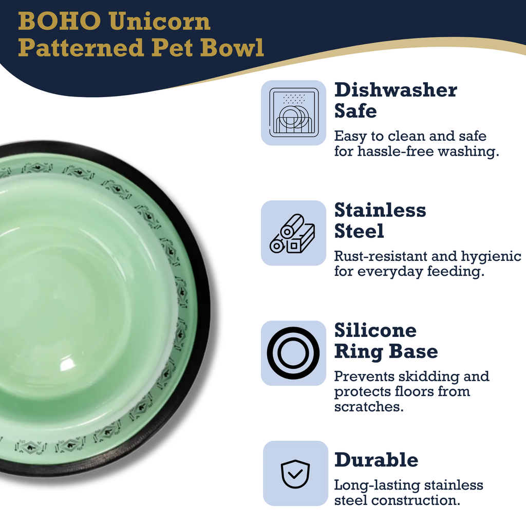 Non-Skid Boho Stainless Steel Dog Bowl – with Whimsical Unicorn Design