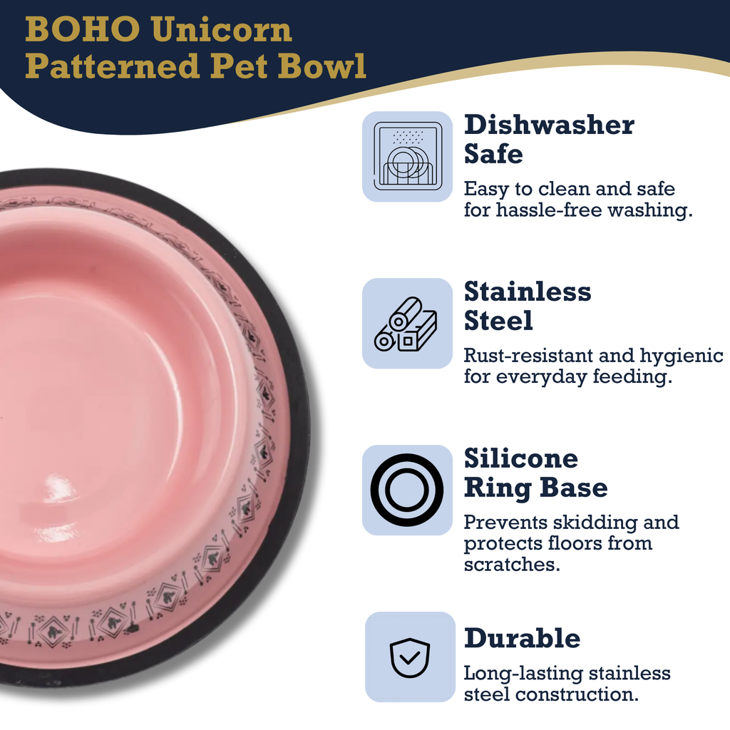 Non-Skid Boho Stainless Steel Dog Bowl – with Whimsical Unicorn Design