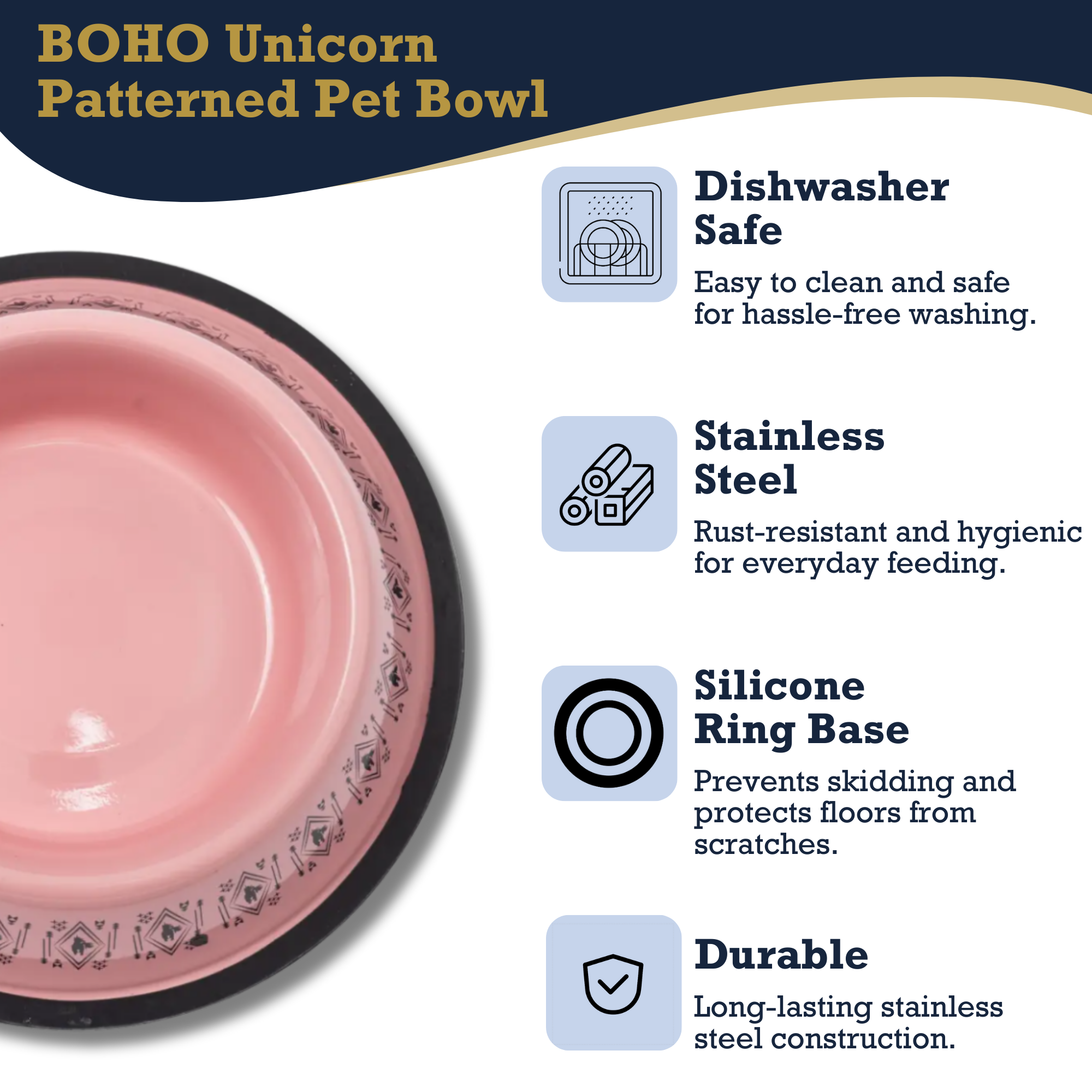 Non-Skid Boho Stainless Steel Dog Bowl – with Whimsical Unicorn Design
