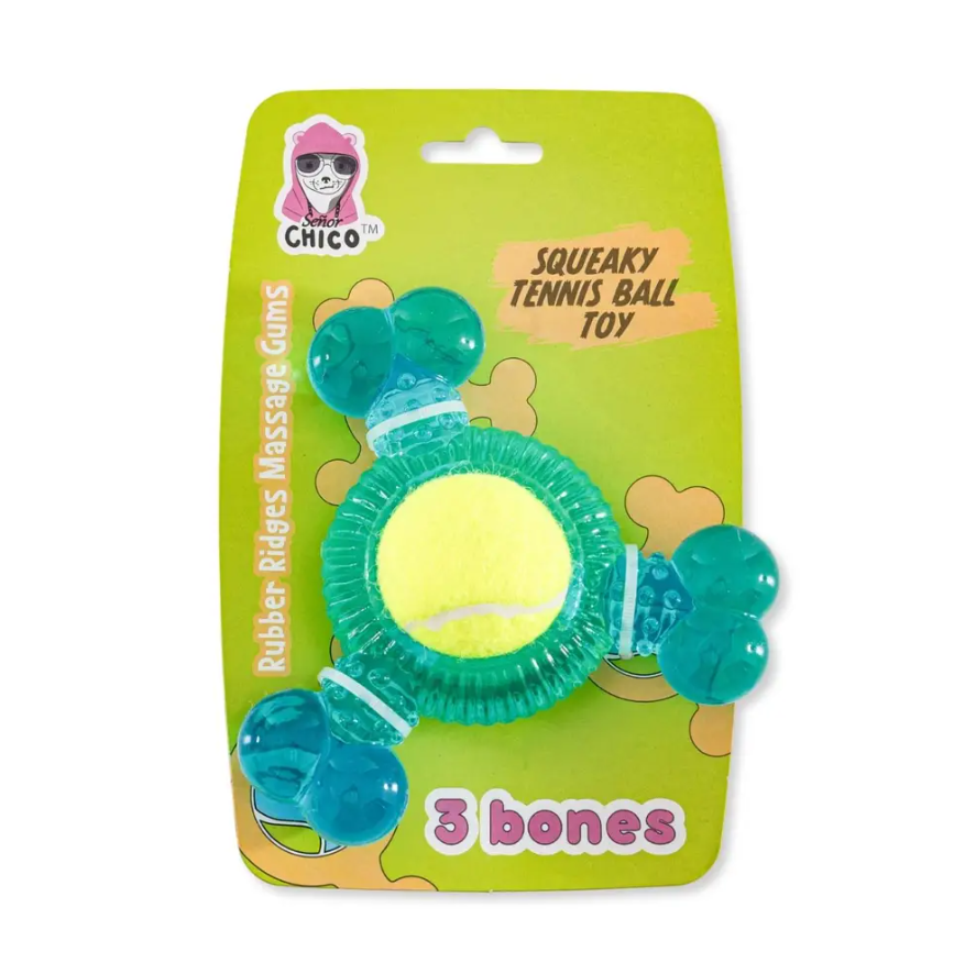 3-Bone TPR Chew Toy with Squeaker & Tennis Ball for Dogs