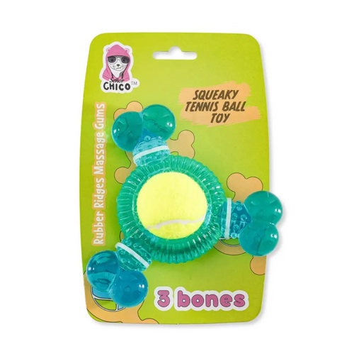 3-Bone TPR Chew Toy with Squeaker & Tennis Ball for Dogs