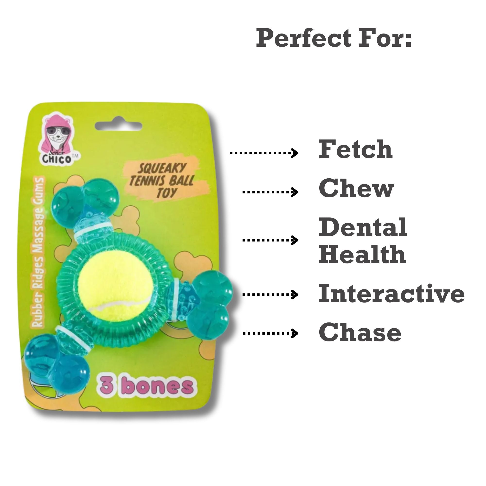 3-Bone TPR Chew Toy with Squeaker & Tennis Ball for Dogs