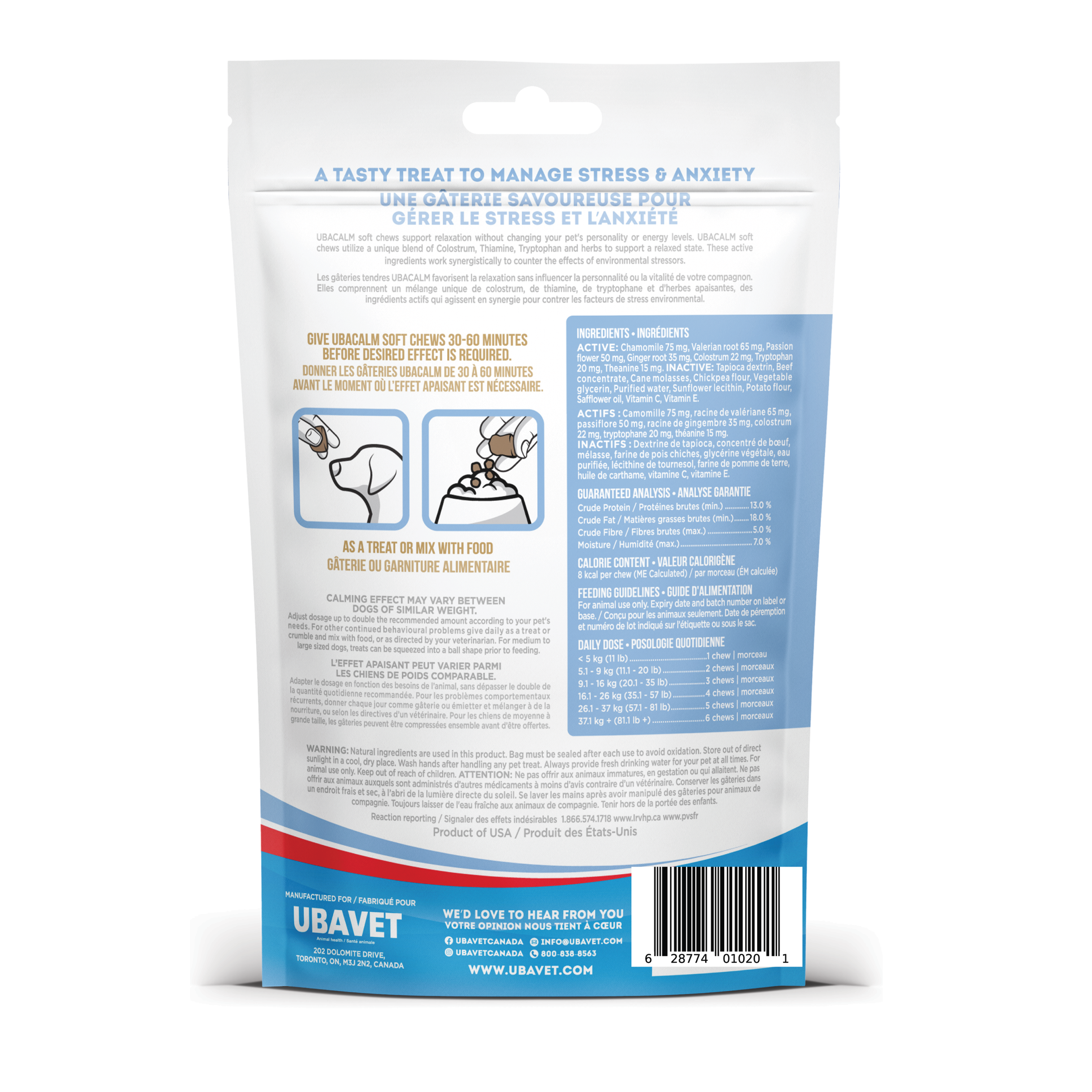 UBAVET Ubacalm Calming and Stress Relief Soft Dog and Cat Chews