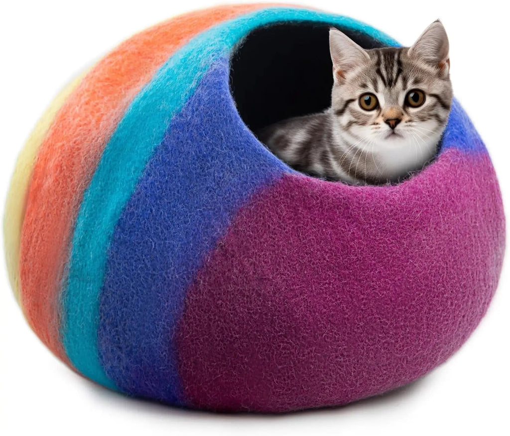 Handmade Merino Wool Cat Cave Bed – Rainbow