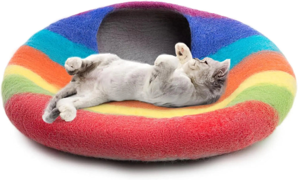 Handmade Merino Wool Cat Cave Bed – Rainbow