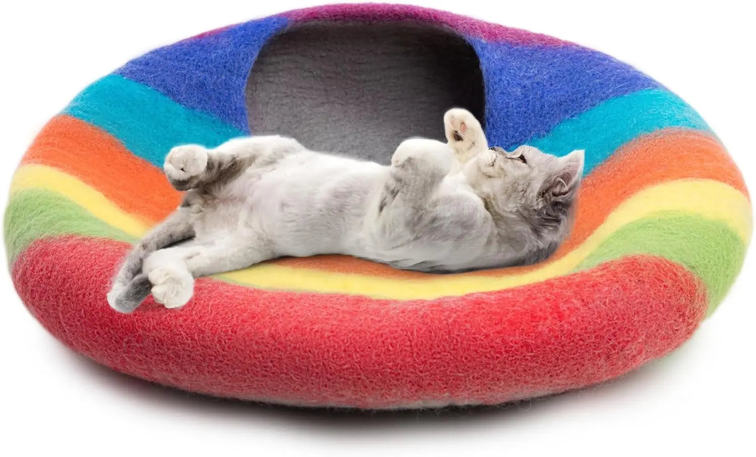 Handmade Merino Wool Cat Cave Bed – Rainbow