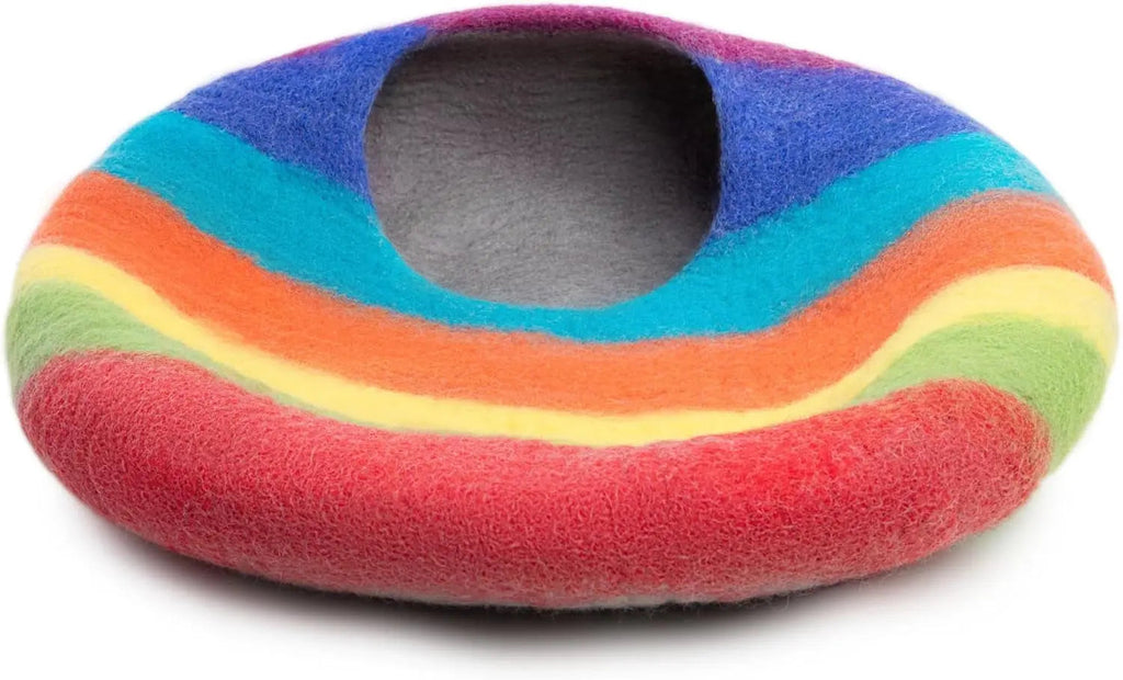 Handmade Merino Wool Cat Cave Bed – Rainbow