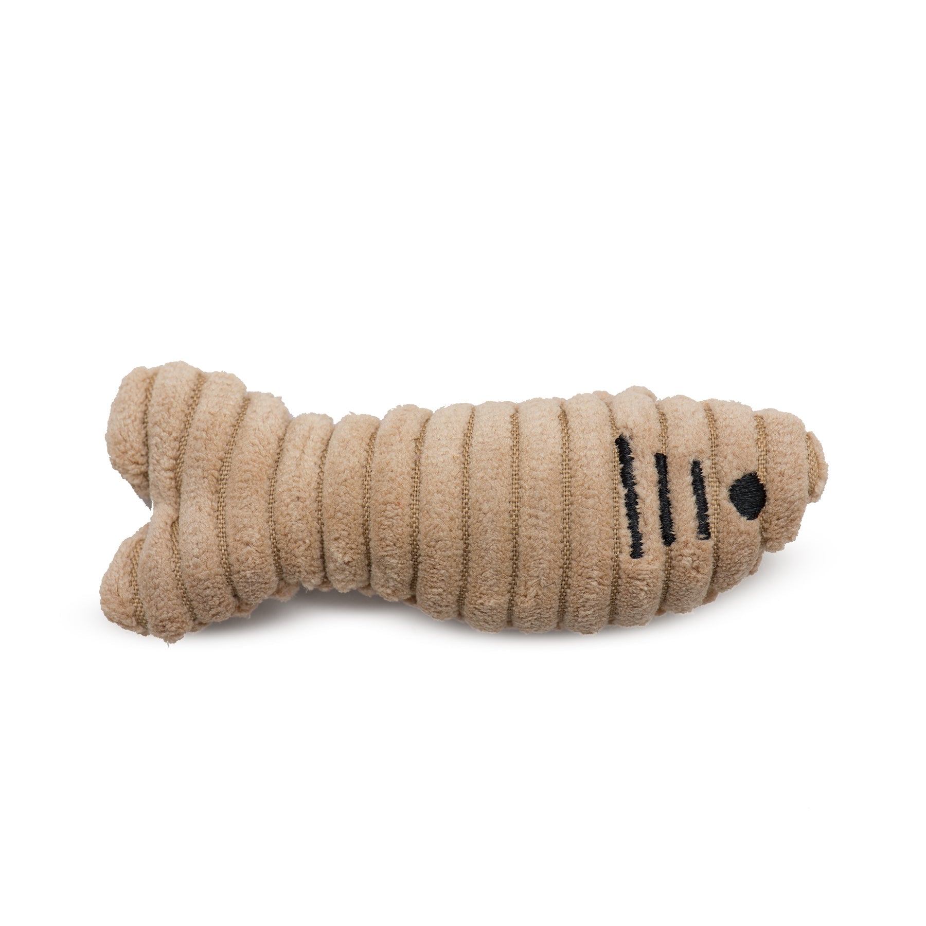 Beige plush cat fish toy shaped like a bone on a white background.