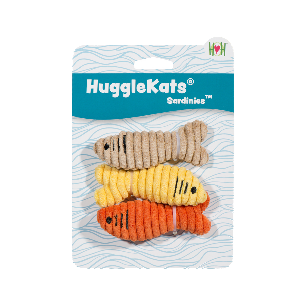 HuggleKats plush cat fish toys on packaging on a white background.