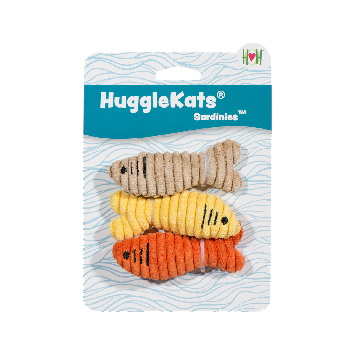 HuggleKats plush cat fish toys on packaging on a white background.