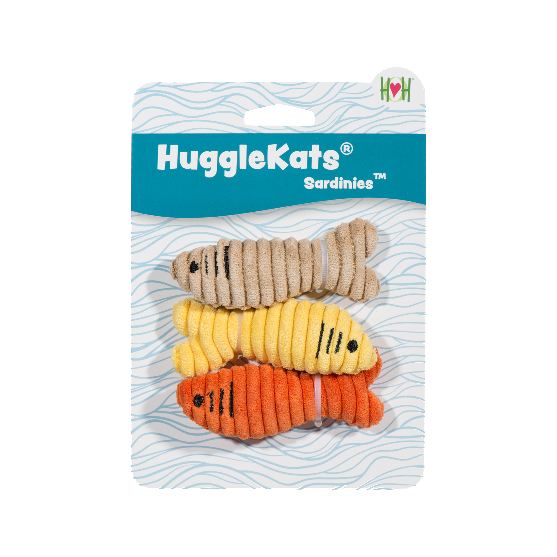 HuggleKats plush cat fish toys on packaging on a white background.