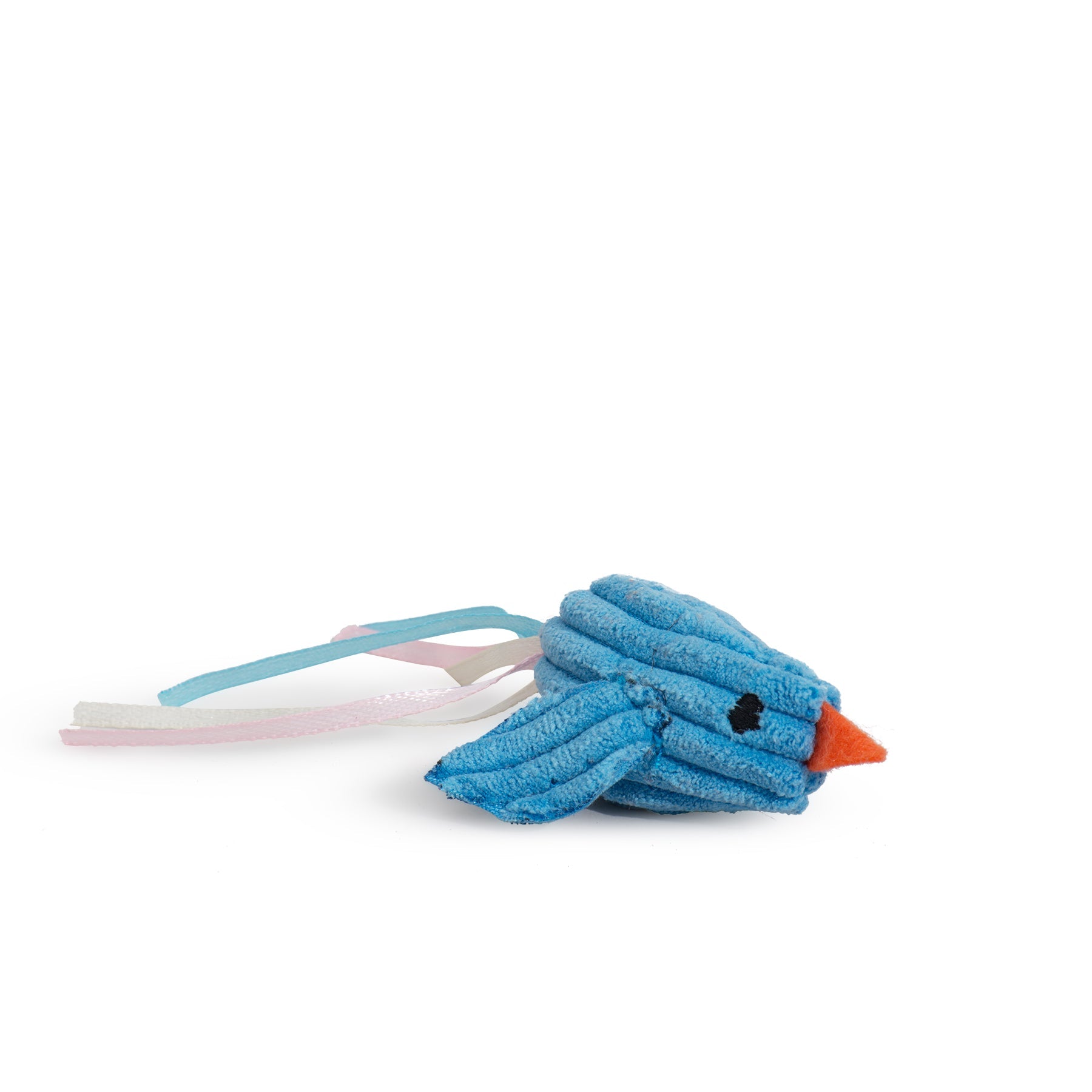 Blue bird-shaped plush cat toy with a red beak on a white background.