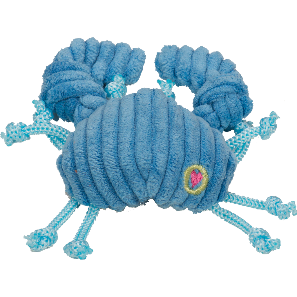 Blue crab-shaped cat toy with rope details on a white background.