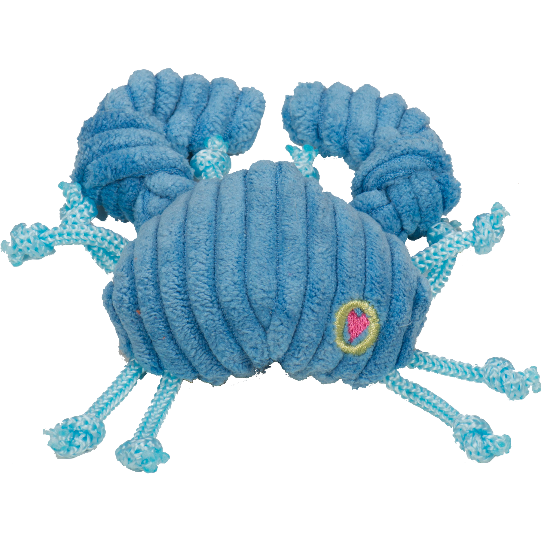 Blue crab-shaped cat toy with rope details on a white background.