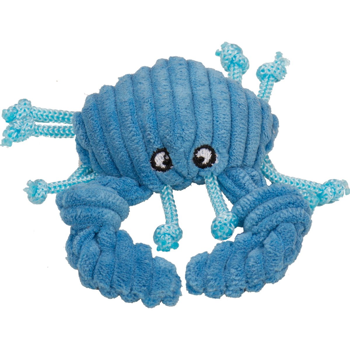 Blue plush crab cat toy with a face on a white background.