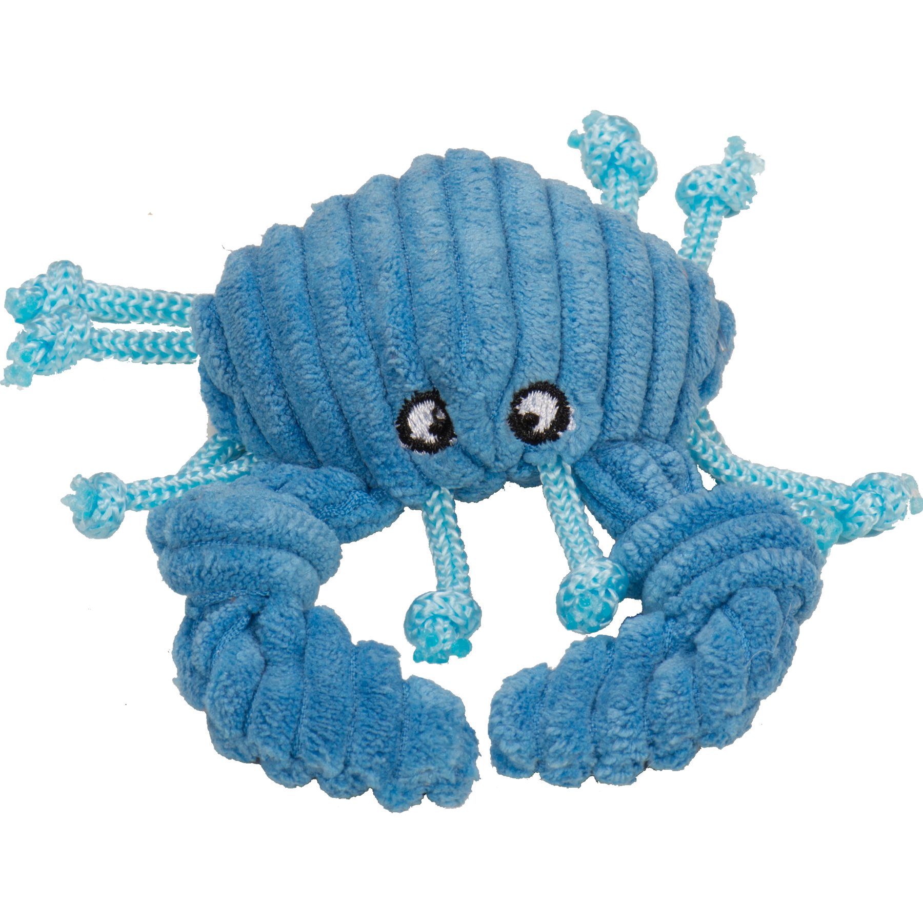 Blue plush crab cat toy with a face on a white background.