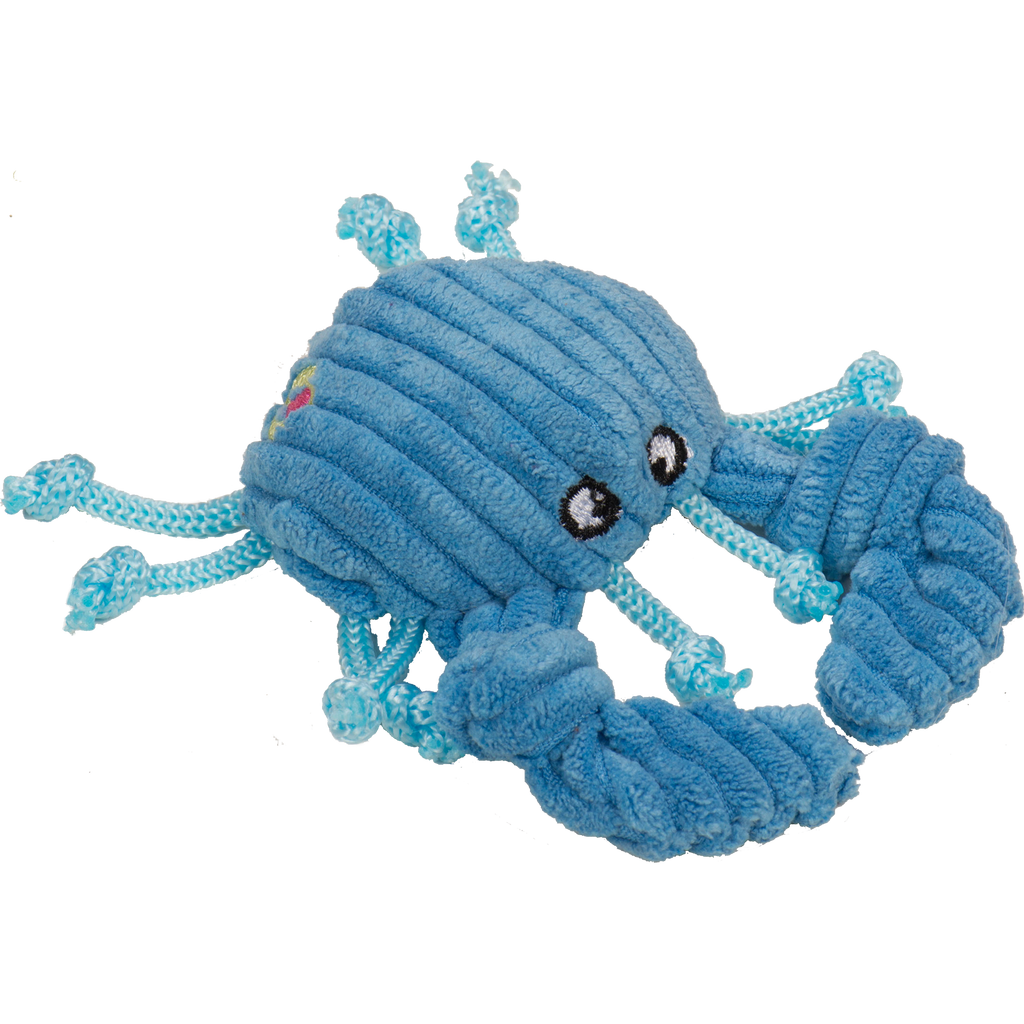 Blue plush crab cat toy with rope texture on a white background.