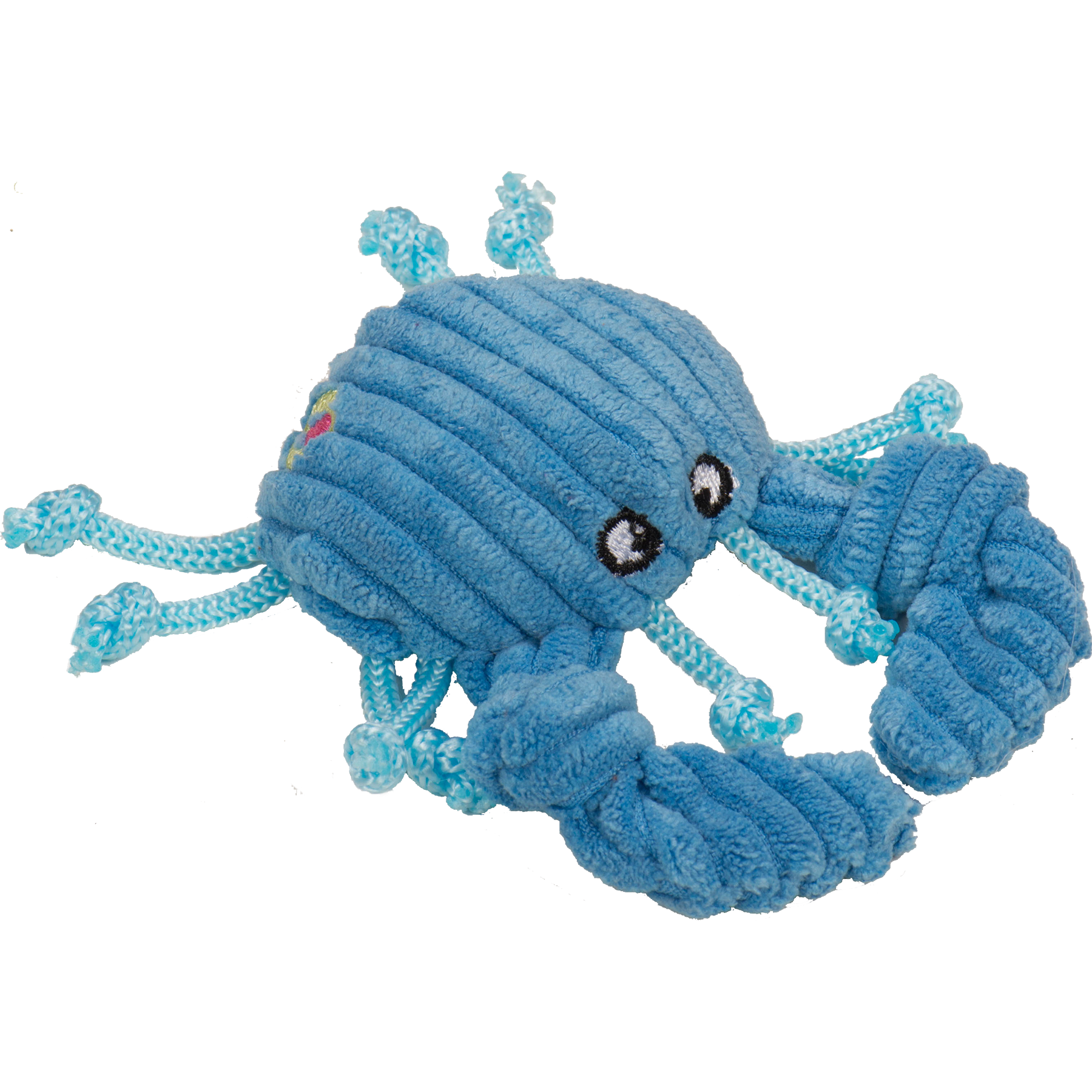 Blue plush crab cat toy with rope texture on a white background.