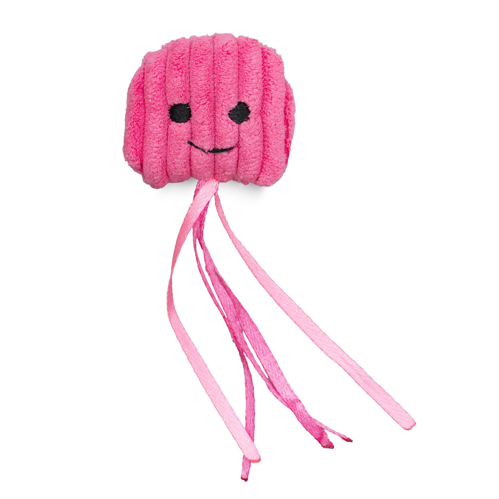 Pink plush cat toy with a face and ribbons on a white background.