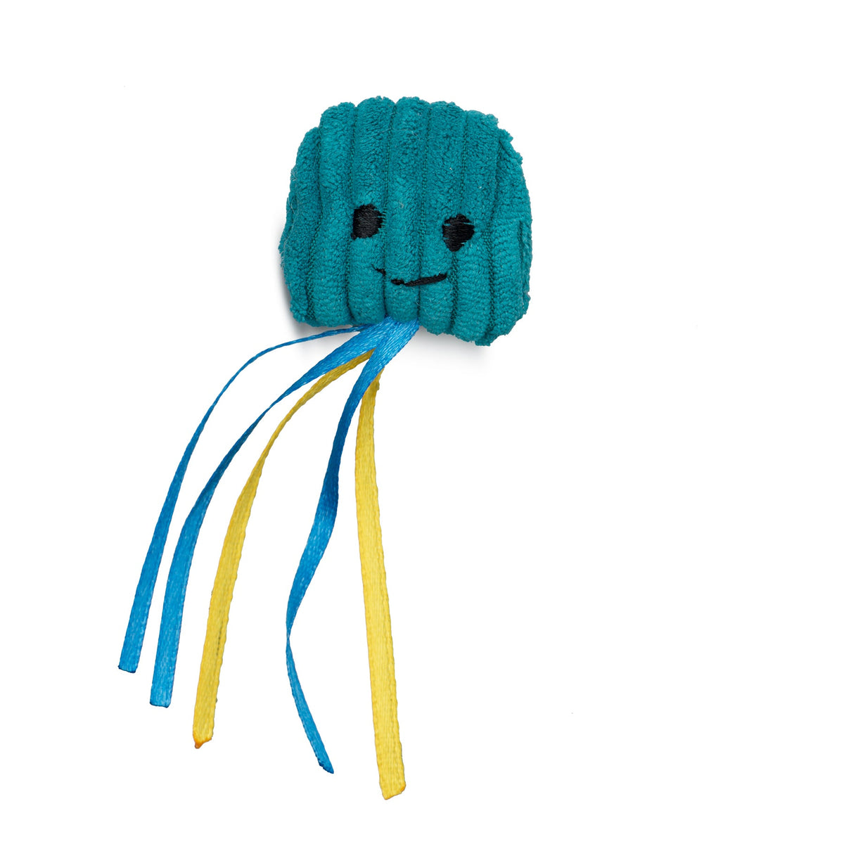 Blue plush cat toy with a smiling face and blue and yellow ribbons on a white background.