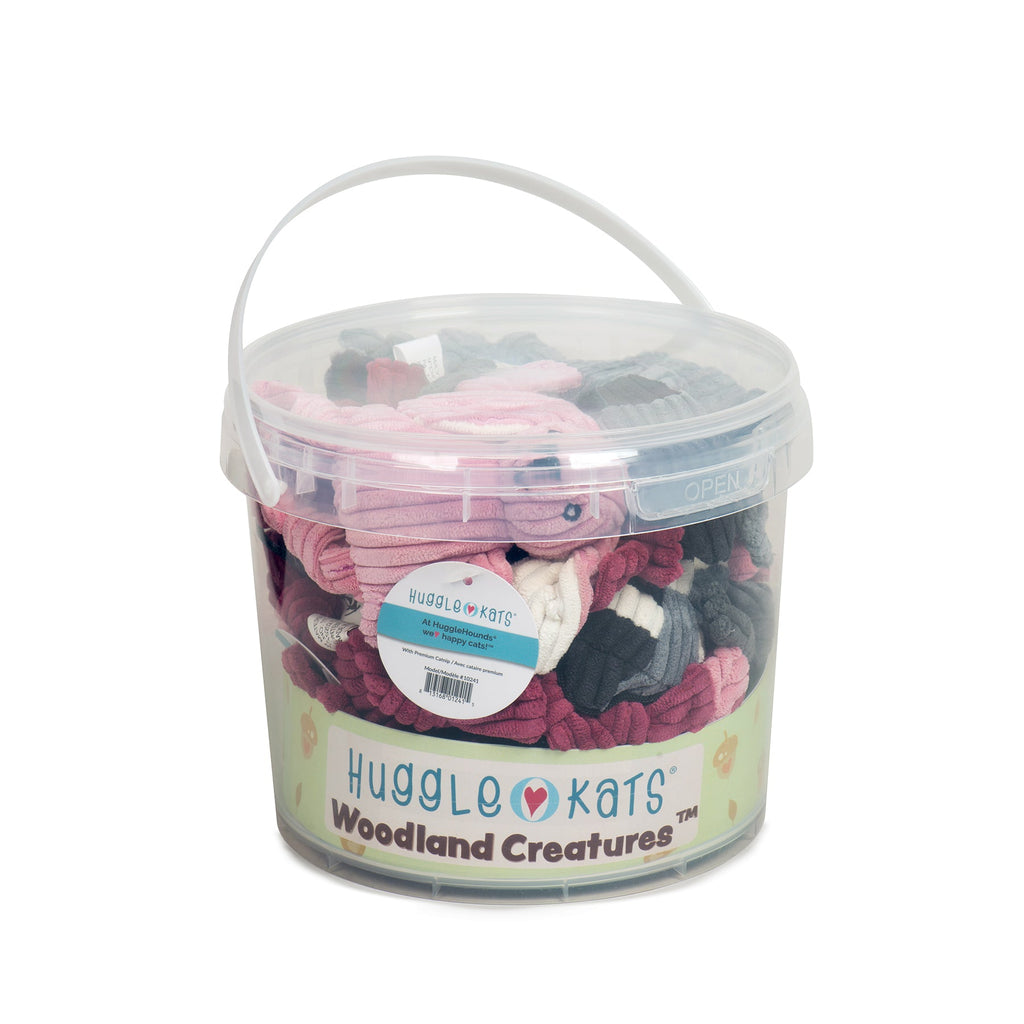 Bucket of Hugglehugs Woodland Creatures cat toys on a white background.