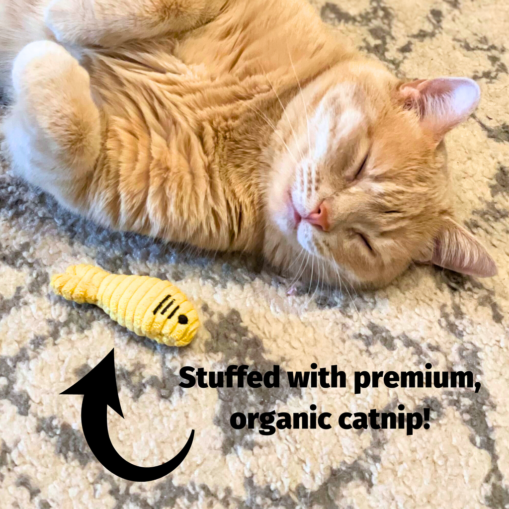 Cat lying on a carpet next to a yellow catnip toy with text about premium organic catnip.