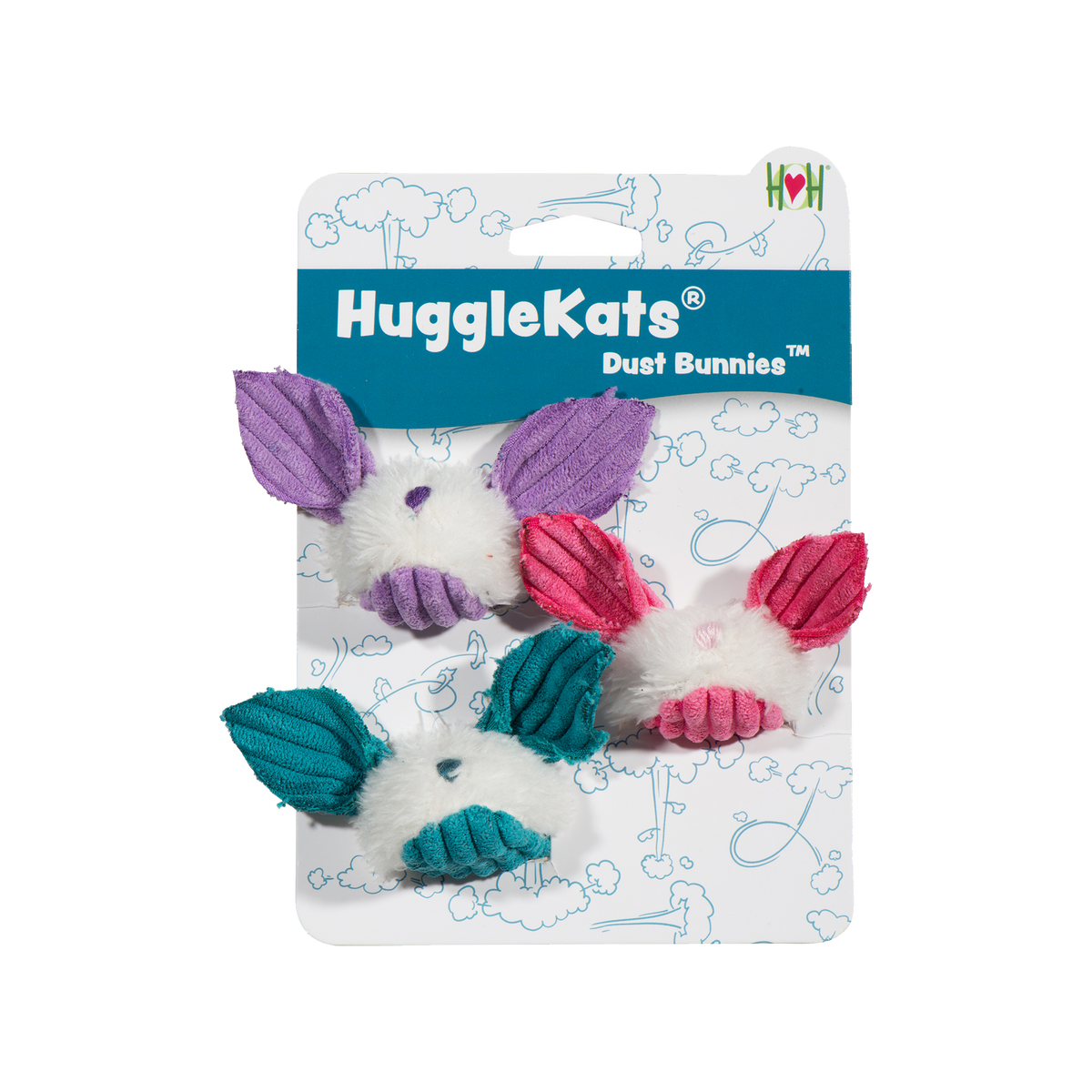 HuggleKats Dust Bunnies cat toy packaging on a white background.