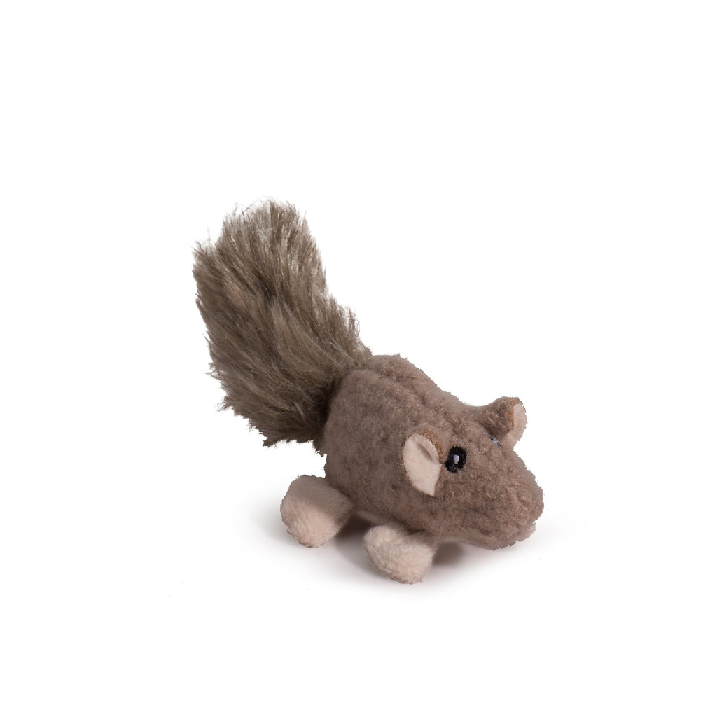 Plush cat toy squirrel on a white background.