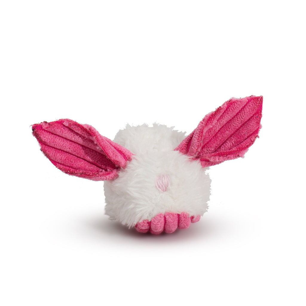 White ball with pink ears on a white background.