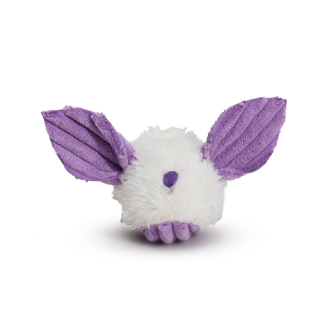 White plush toy with purple accents on a white background.