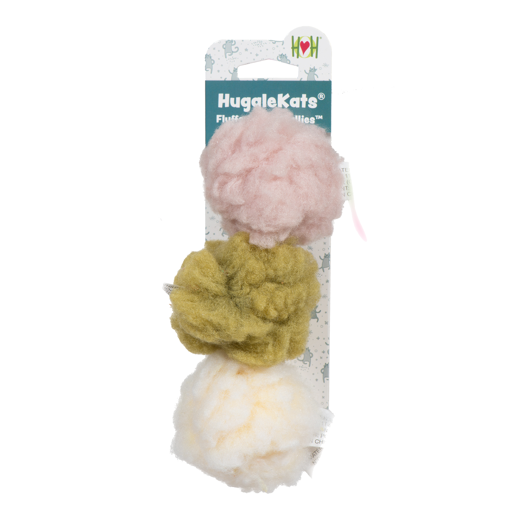 Three pom-poms in pink, yellow, and white on a HuggleMutt branded card against a white background.