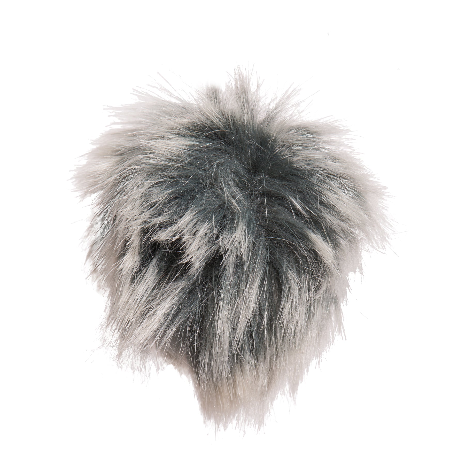 Gray and white fur cat toy pom-pom on a white background.