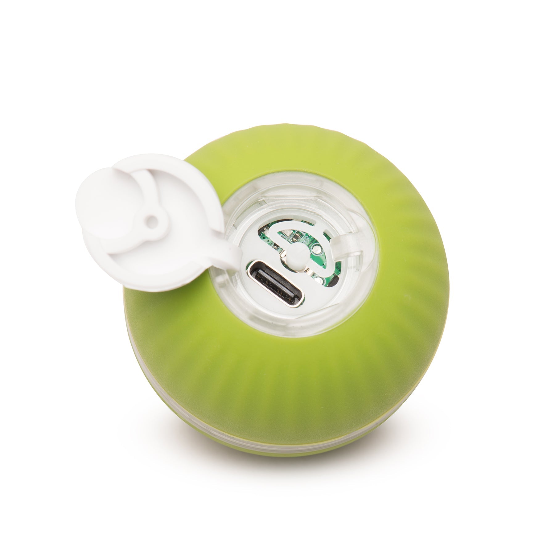 Green ball-shaped device with a white top on a white background.