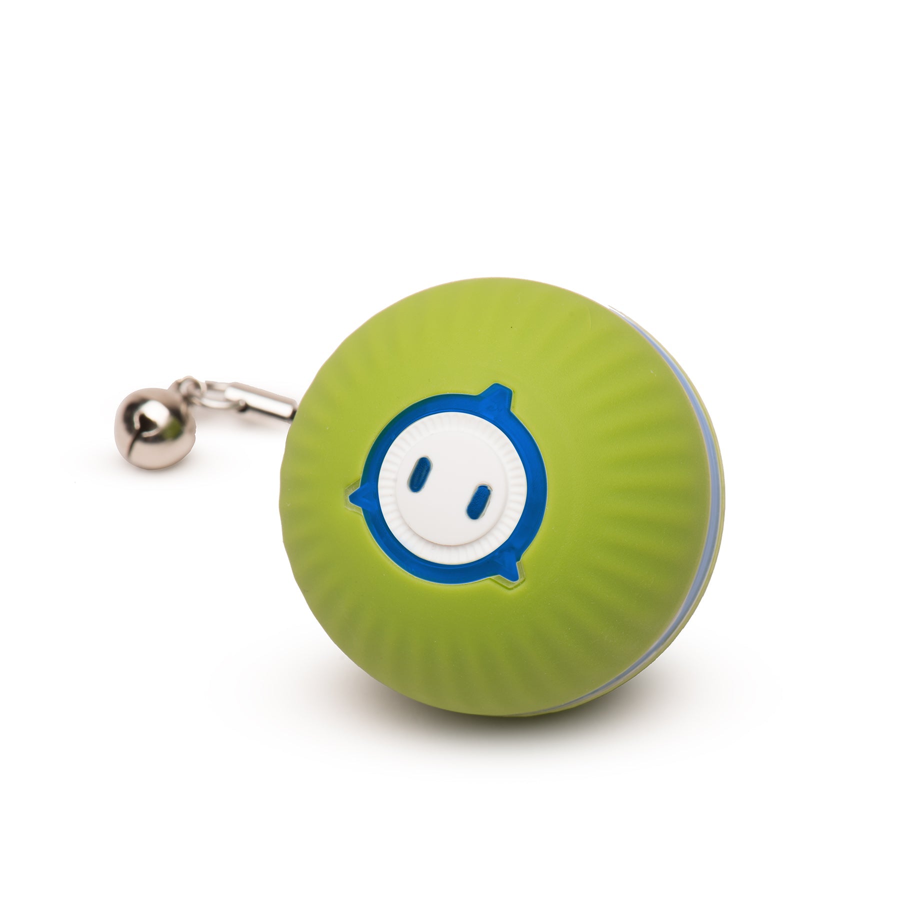 Green ball with a smiley face design on a white background.