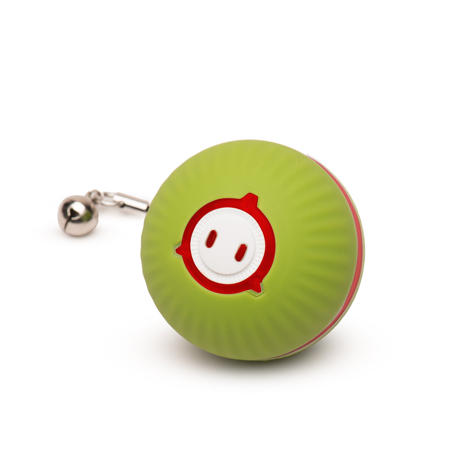 Green ball with a smiley face design on a white background.