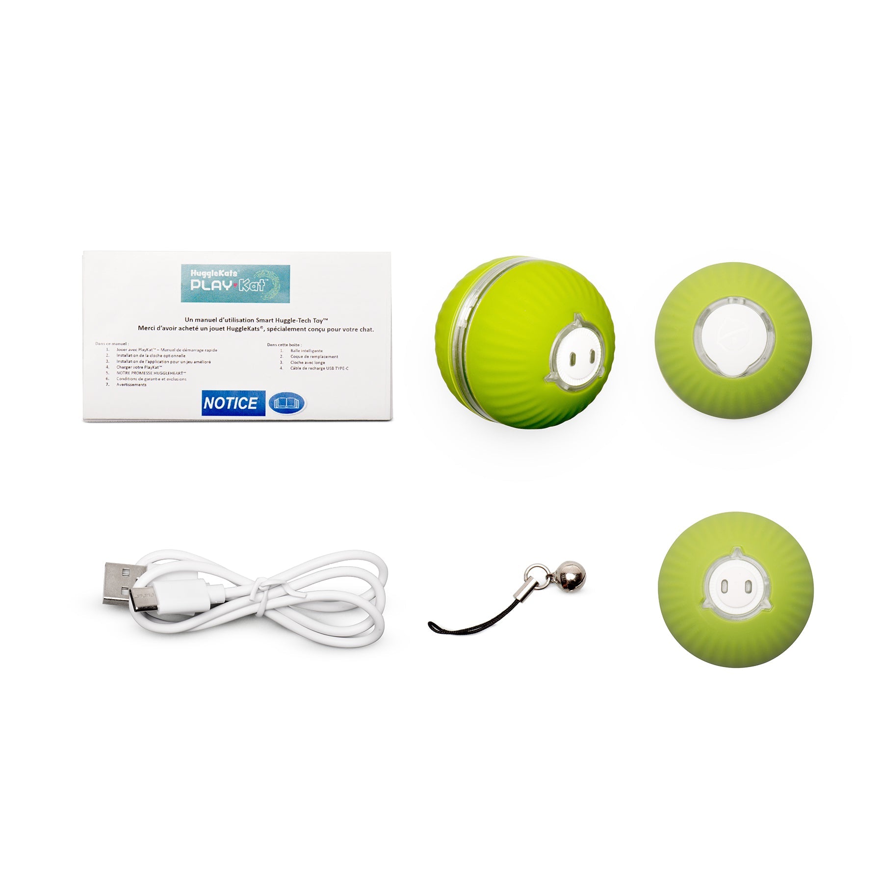 Green electronic pet toy with USB cable and packaging on a white background.