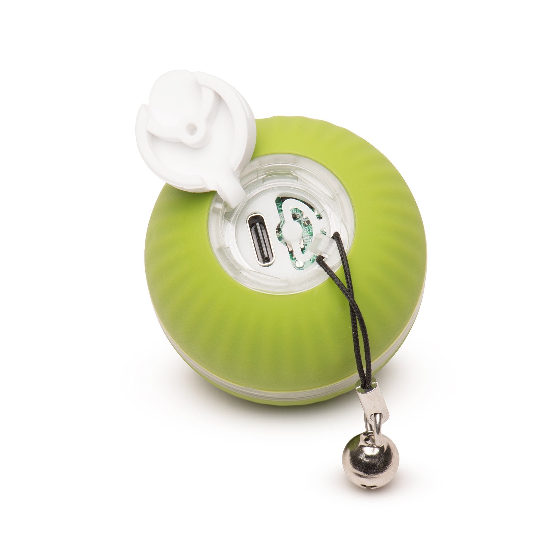Green pet toy with a bell on a white background.